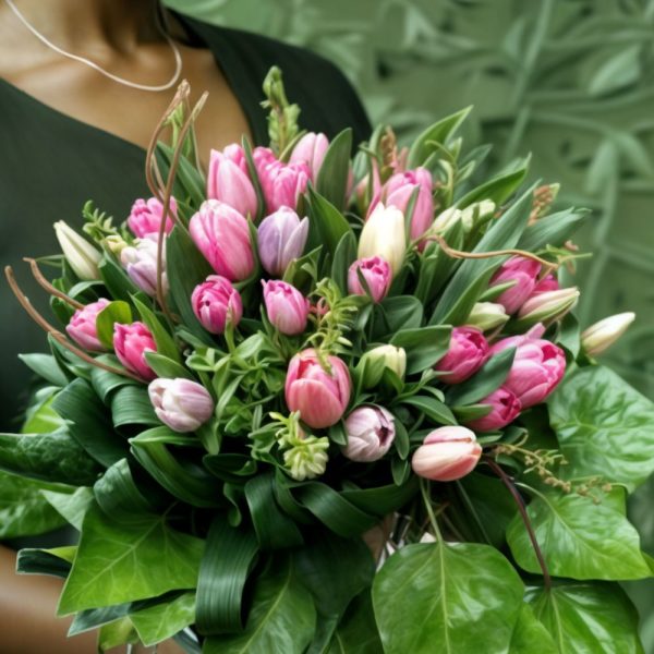 دسته گل لاله دخترانه با لاله‌های صورتی و سفید در زمینه سبز طبیعی