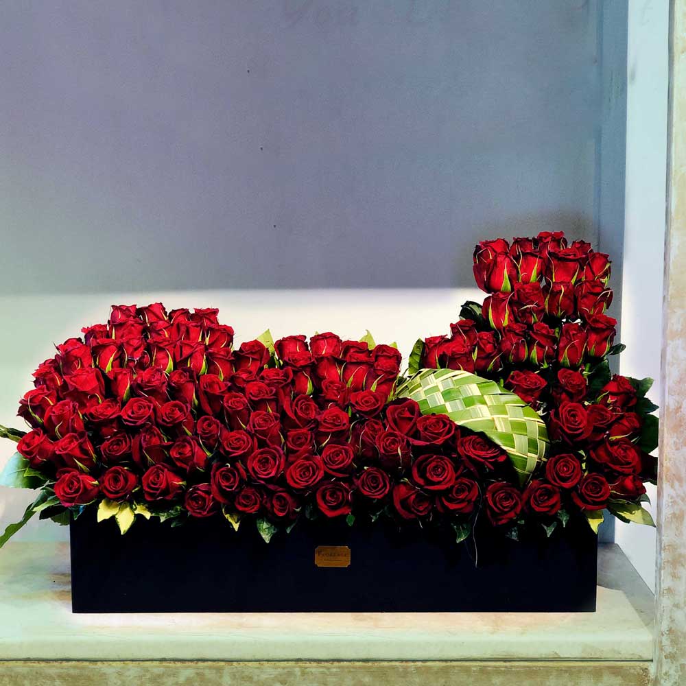 باکس گل رز قرمز 100 شاخه ای – نماد بزرگ عشق و احساس