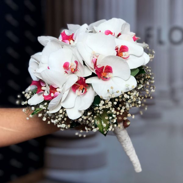 دسته گل عروس ارکیده سفید لب بنفش خاص و لوکس برای مراسم عقد و عروسی