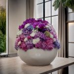 گلدان گل هورتانزیا گالری فلورانس با گل‌آرایی بنفش و سفید در ظرف مینیمال