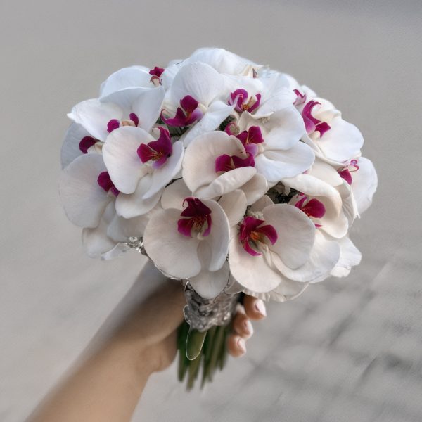 دسته گل ارکیده سفید عروس، انتخابی لوکس و زیبا برای روز خاص شما. این دسته گل با گل‌های ارکیده سفید، طراحی ظریف و شیکی دارد که در روز عروسی شما جلوه‌ای بی‌نظیر خواهد بخشید.
