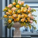 "گلدان ورساچه آفتاب با گل‌های رز زرد و صورتی در طراحی مدرن و شیک برای دکوراسیون داخلی"