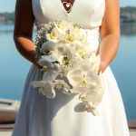 دسته گل عروس ارکیده مدرن با ارکیده‌های سفید و طراحی ساده، انتخابی خاص و شیک برای عروس‌ها.