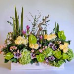 باکس گل آنتریوم و هورتانزیا سبز با رز و ارکیده از گلفروشی فلورانس