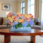 باکس گل آبی و گلبهی فلورانس با ترکیب رز زرد، هیدرانجیا و ارکیده لاکچری