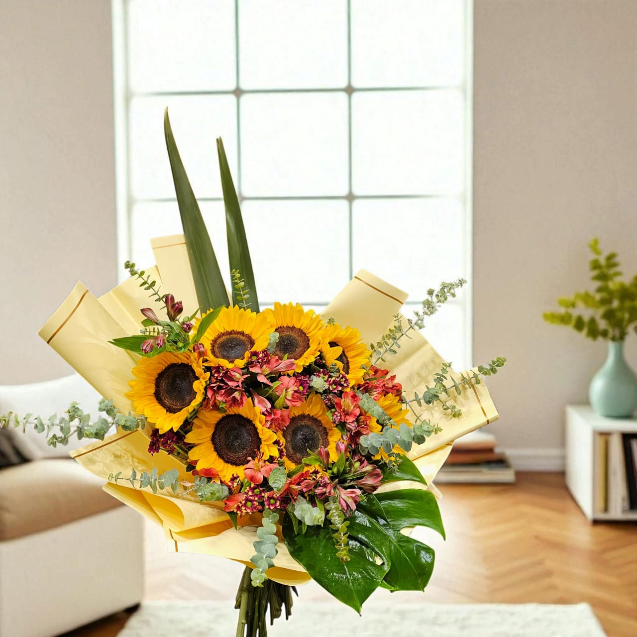 دسته گل جدید آفتاب و آلستر کد 6357 دسته گل جدید آفتاب و آلستر با گلهای تازه و رنگبندی شاد مناسب مراسمهای خاص