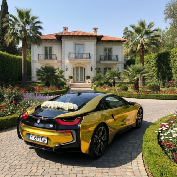 تزئین ماشین عروس با گلهای ارکیده سفید و تم طلایی گلد