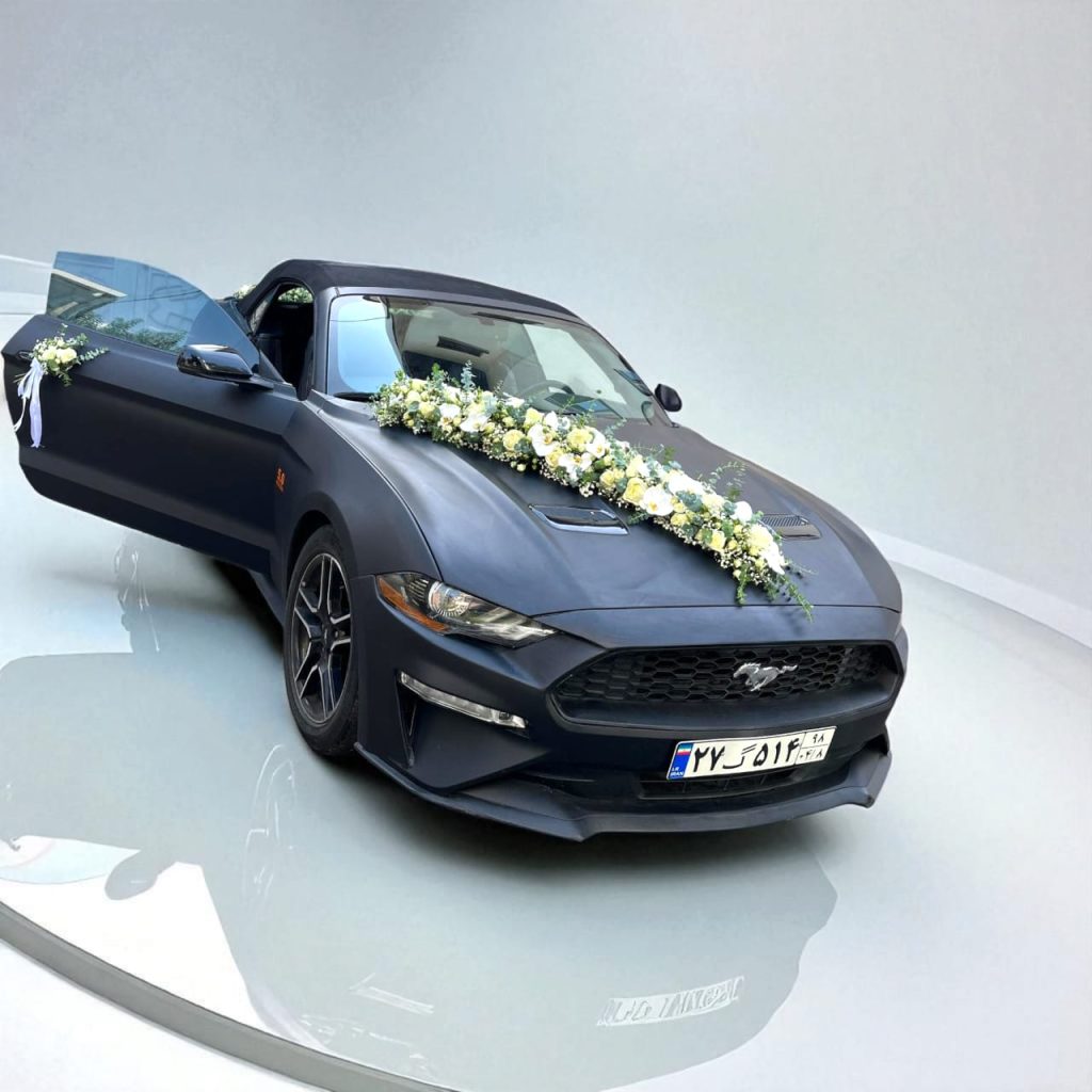 ماشین عروس با گل‌های سفید و نباتی؛ ترکیبی از خلوص و شکوه