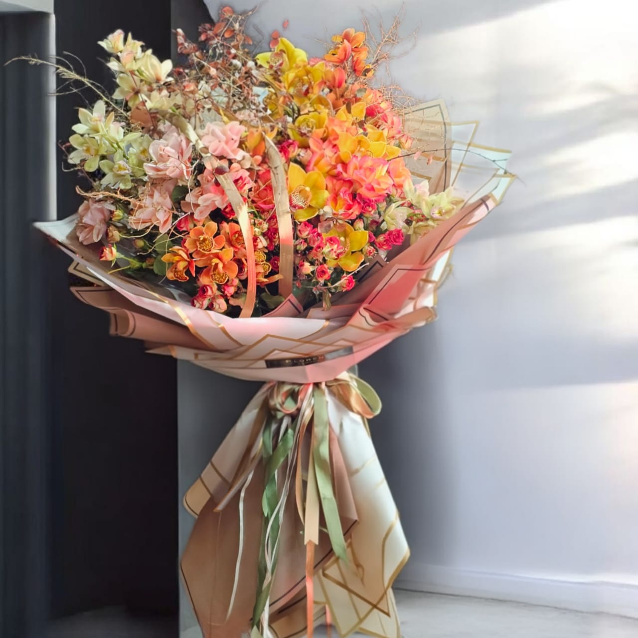 دسته گل غول پیکر رز و ارکیده سیمبیدیم خران کد 6434 دسته گل غول پیکر رز و ارکیده سیمبیدیم خران لوکس و خاص