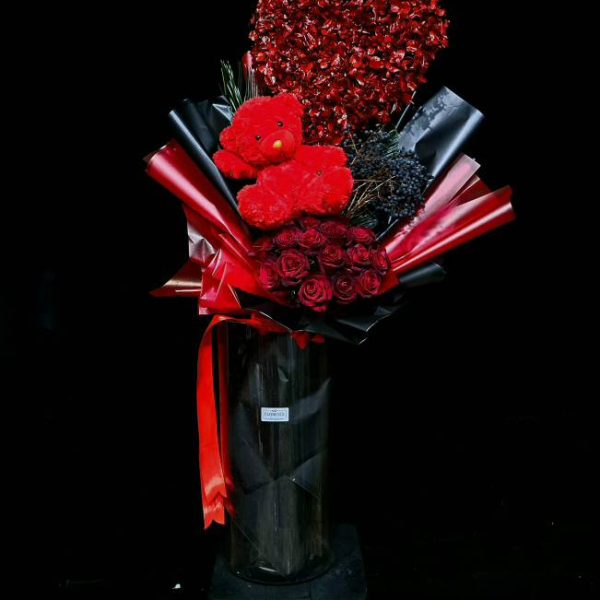 دسته گل بلور با خرس قرمز ولنتاین – کد H050